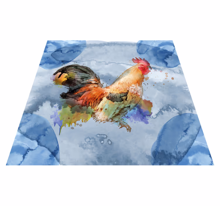 Alfombra vinilo cuadrada Gallo acuarela sobre fondo azul - TenVinilo