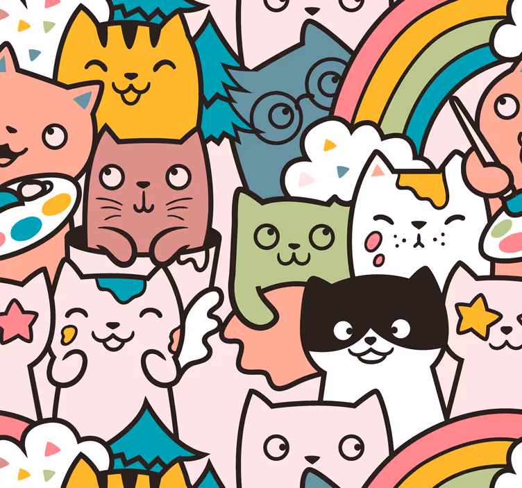 Papel tapiz bebé unicornios gatos juguetones - TenVinilo