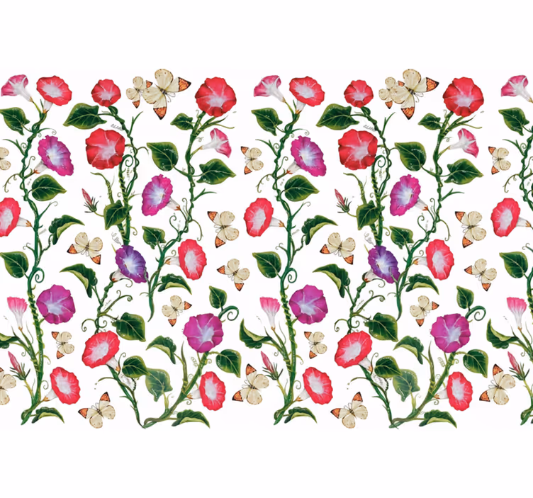 Papel tapiz flores trompetas rosas y moradas - TenVinilo