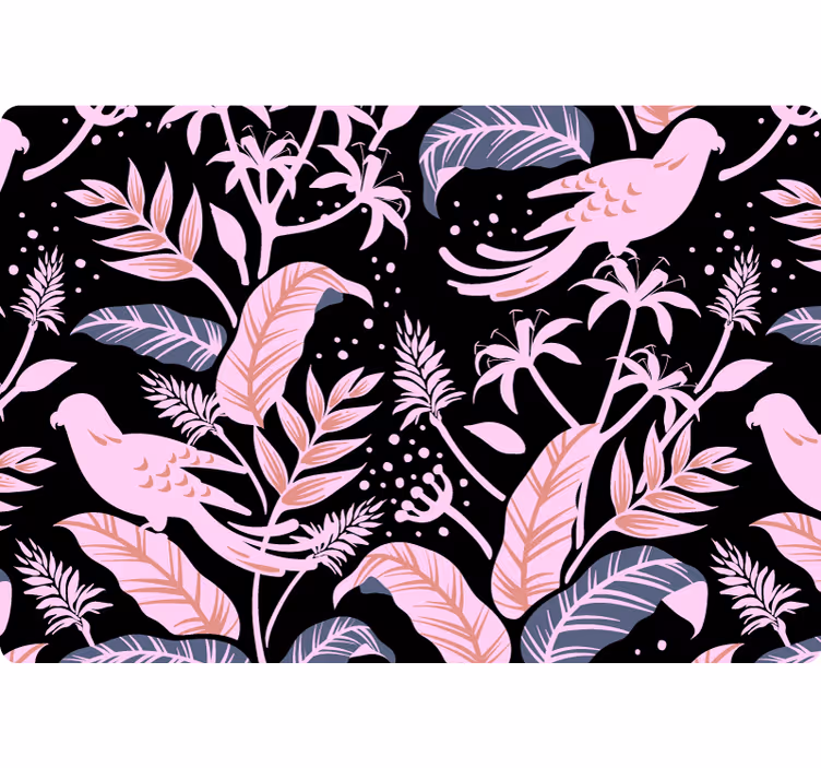 Papel tapiz naturaleza aves negras y rosas sobre hojas - TenVinilo