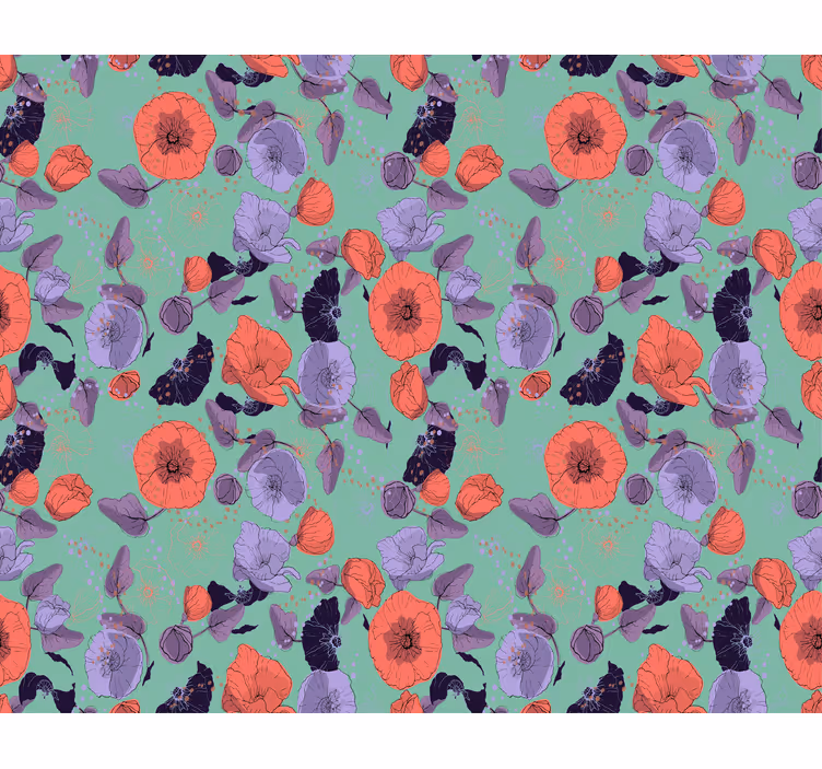 Papel tapiz flores amapolas azules y rojas - TenVinilo