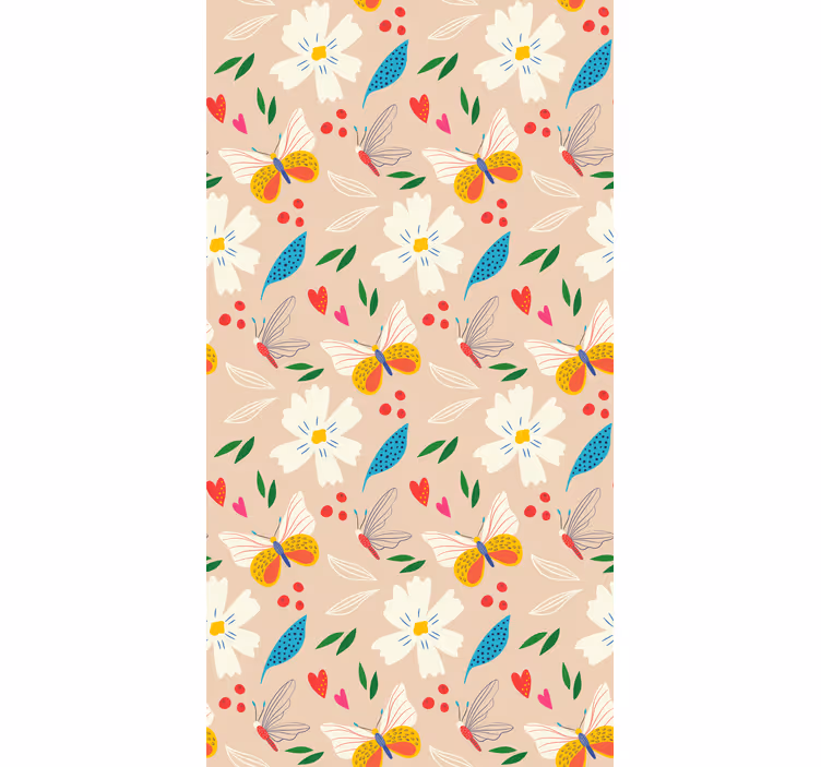 Papel tapiz infantil flores y mariposas sobre fondo beige - TenVinilo