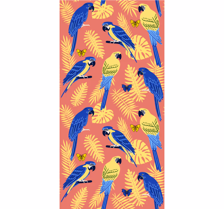 Papel tapiz infantil loros y mariposas en hojas tropicales - TenVinilo