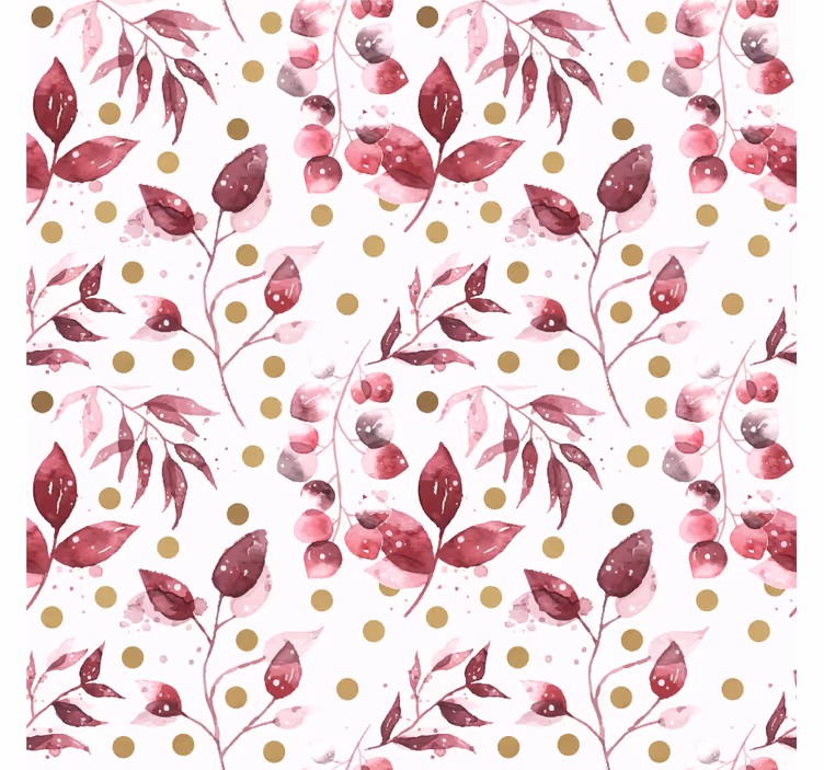 Papel tapiz flores hojas burdeos con puntos dorados - TenVinilo