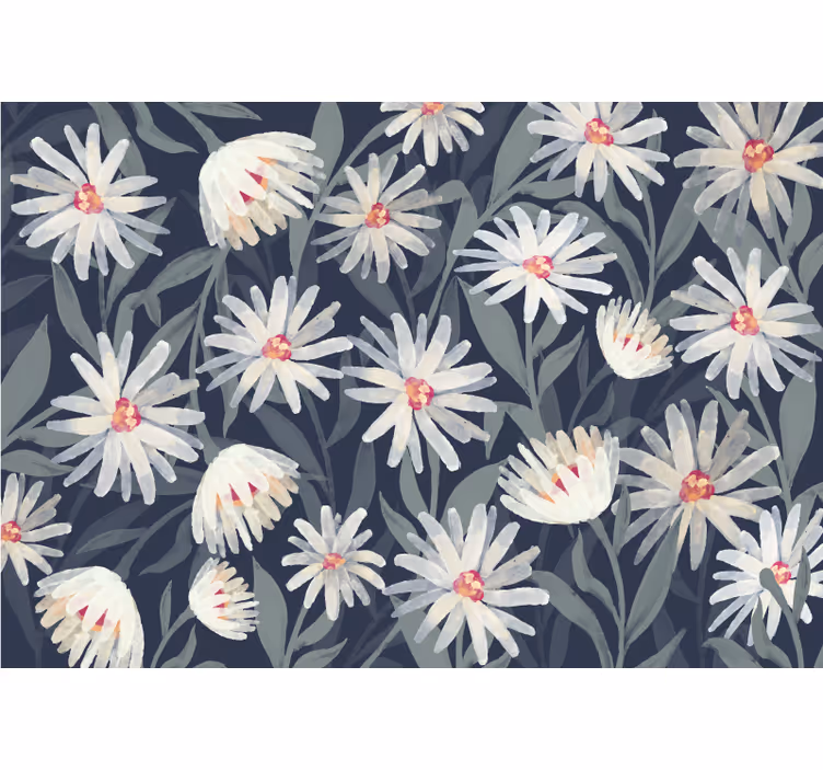 Papel tapiz cocina flores margaritas fondo azul - TenVinilo