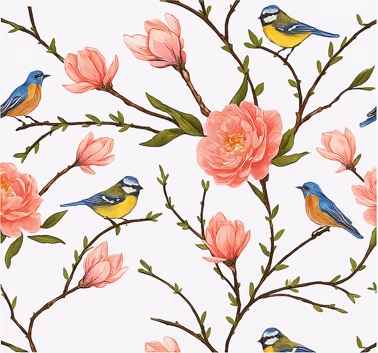 Papel tapiz pájaros canto de primavera y peonías - TenVinilo