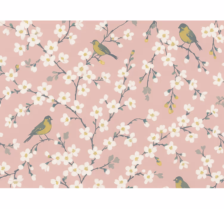 Papel tapiz flores pájaros del huerto rosa - TenVinilo
