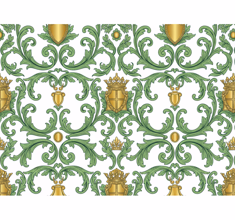 Papel tapiz barroco verde y oro ornamental - TenVinilo