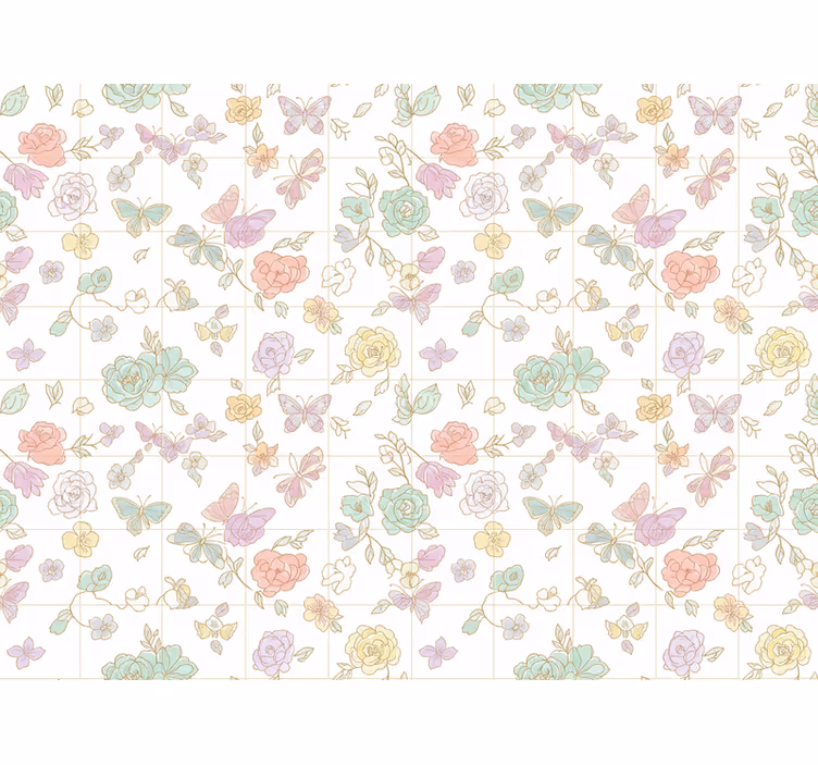 Papel tapiz flores mariposas en tonos suaves - TenVinilo