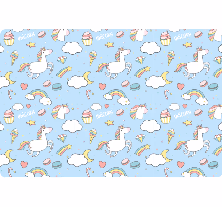 Papel tapiz azul con unicornios y arcoíris coloridos - TenVinilo