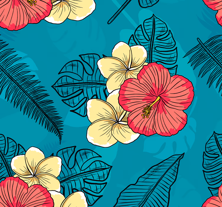 Papel tapiz flores patrón de hibisco tropical - TenVinilo