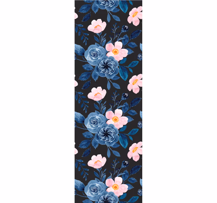 Papel pintado flores Patrón azul y rosa sobre fondo negro - TenVinilo