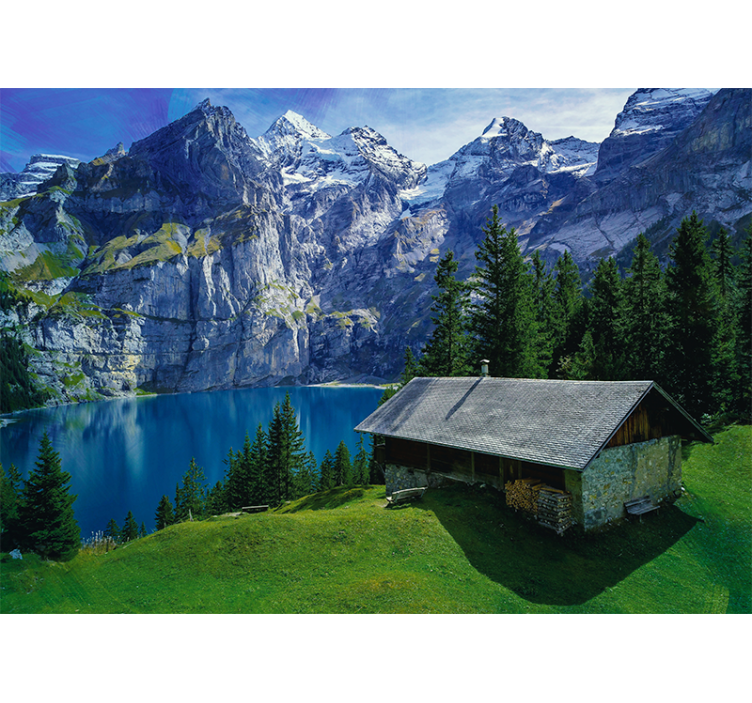 Persiana enrollable salón cabaña junto al lago y montañas - TenVinilo