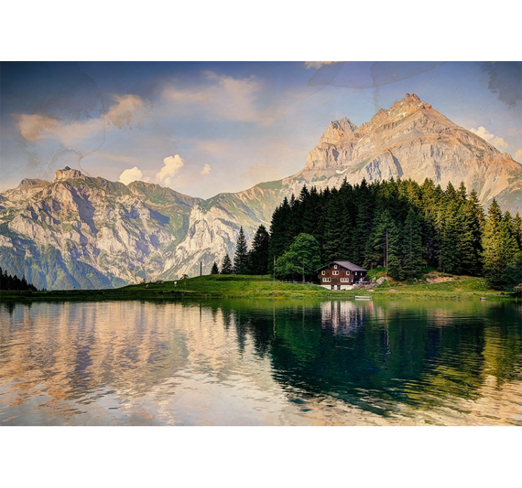 Persiana enrollable salón casa junto al lago con montañas - TenVinilo