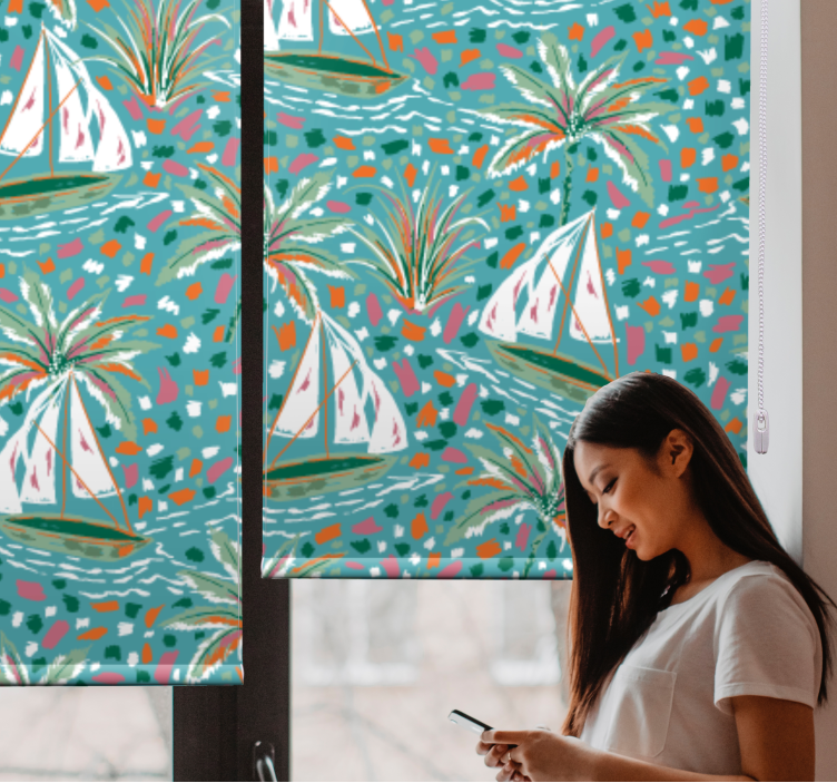 Persiana enrollable floral barcos de vela y palmeras - TenVinilo