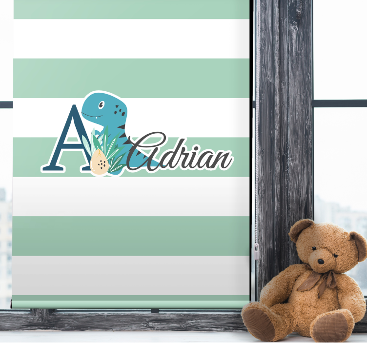 Persiana enrollable infantil dinosaurio rayado con nombre - TenVinilo