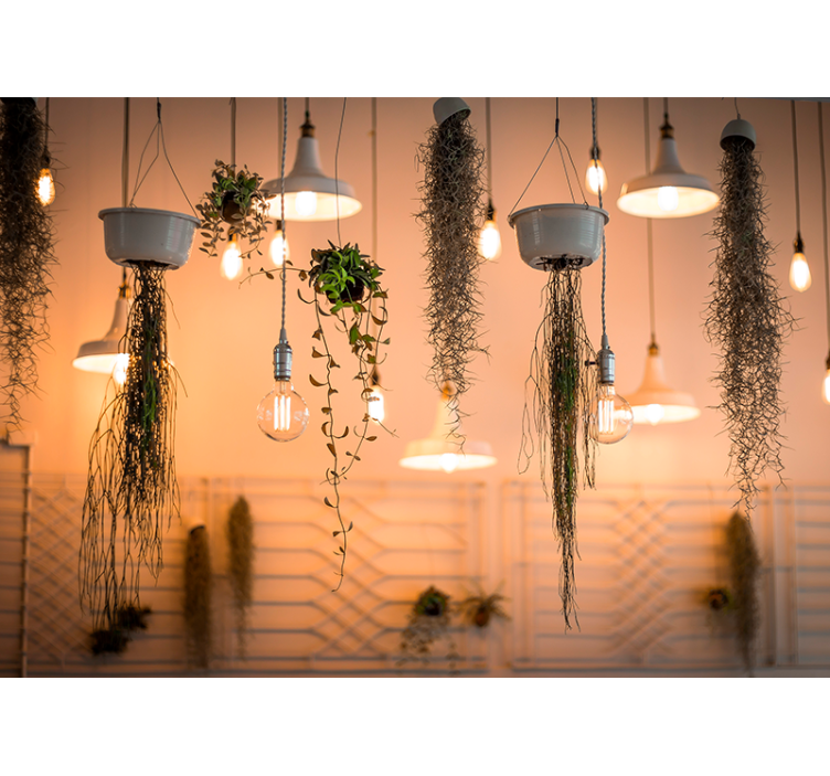 Mural para habitaciones Bombillas colgantes con plantas. - TenVinilo