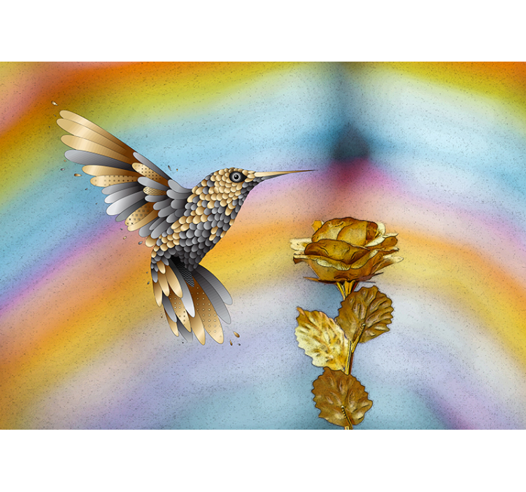 Fotomural moderno Colibríes y flores doradas. - TenVinilo