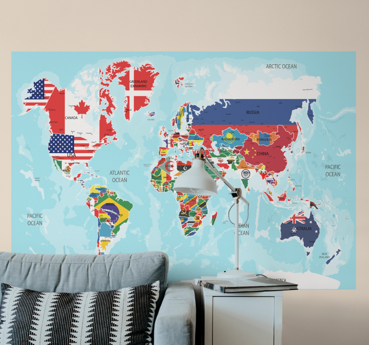 mural mapamundi Mapa del mundo con banderas - TenVinilo
