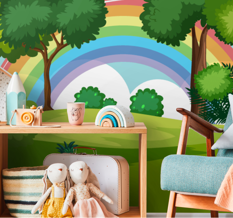 Mural infantil Arcoiris y bosque verde - TenVinilo