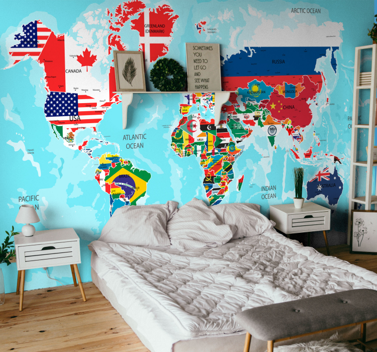 mural mapamundi Mapa del mundo con banderas - TenVinilo