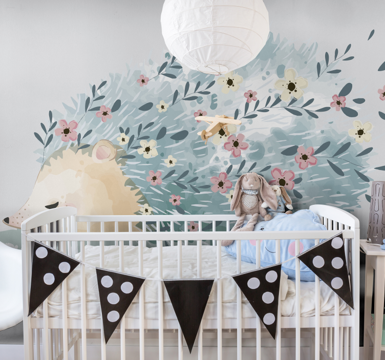 Fotomural infantil erizo y flores estilo nórdico - TenVinilo