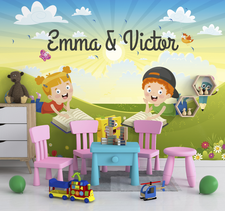 Fotomural nombre personalizable niños leyendo - TenVinilo