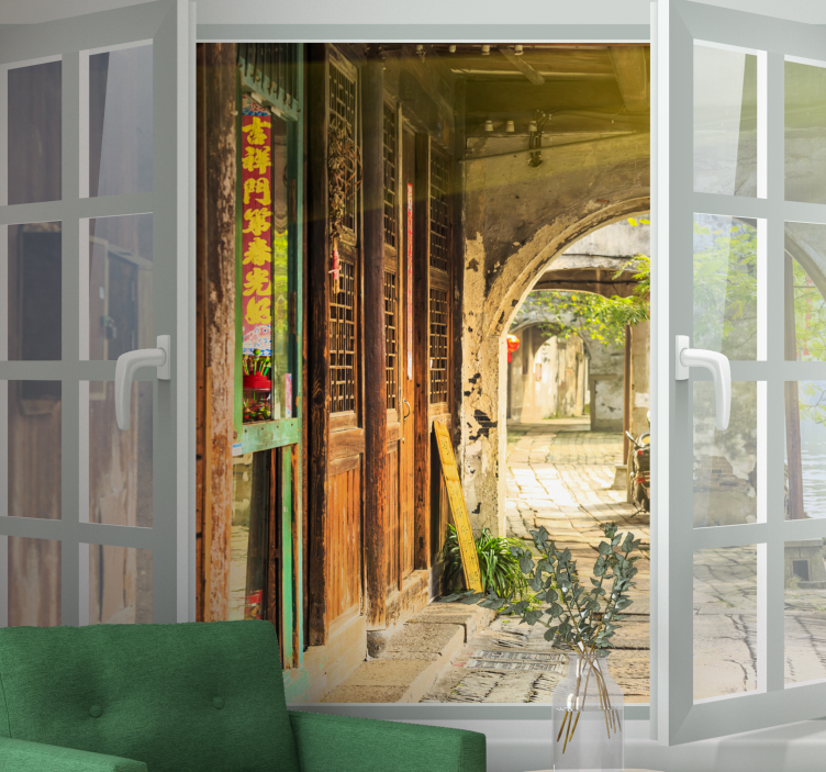 Mural ciudad escena de callejón encantador - TenVinilo