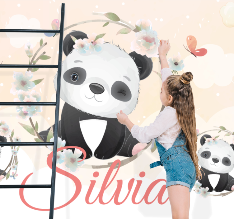 Mural de animales panda con flores - TenVinilo