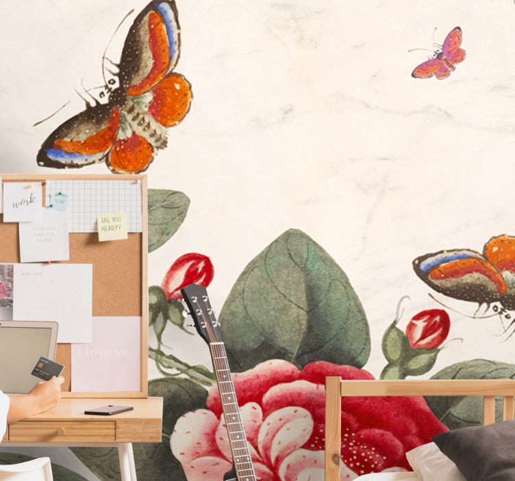 Mural de flores e insectos revoloteando - TenVinilo