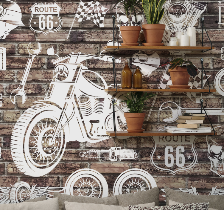 Mural de vehículos ruta 66 en motocicleta - TenVinilo