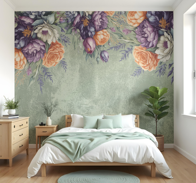 Mural dormitorio matrimonial diseño floral vintage - TenVinilo