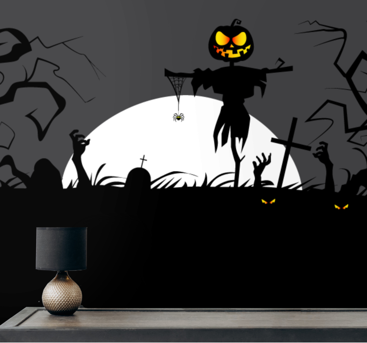 Mural halloween espantapájaros calabaza tenebroso - TenVinilo