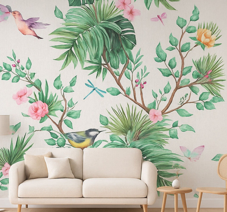 Mural para salón diseño de jardín tropical - TenVinilo