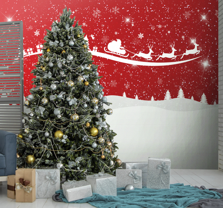 Fotomural rojo navideño trineo de Papá Noel - TenVinilo