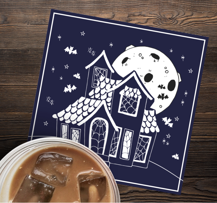 Posavasos Halloween Casa embrujada con fondo azul - TenVinilo