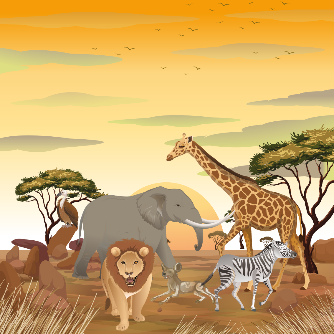 Poster dormitorio infantil animales africanos con plantas - TenVinilo