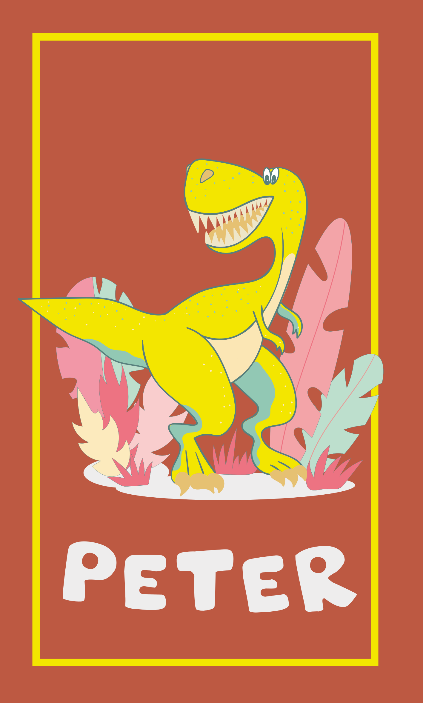 Poster dormitorio infantil dino amarillo con plantas - TenVinilo