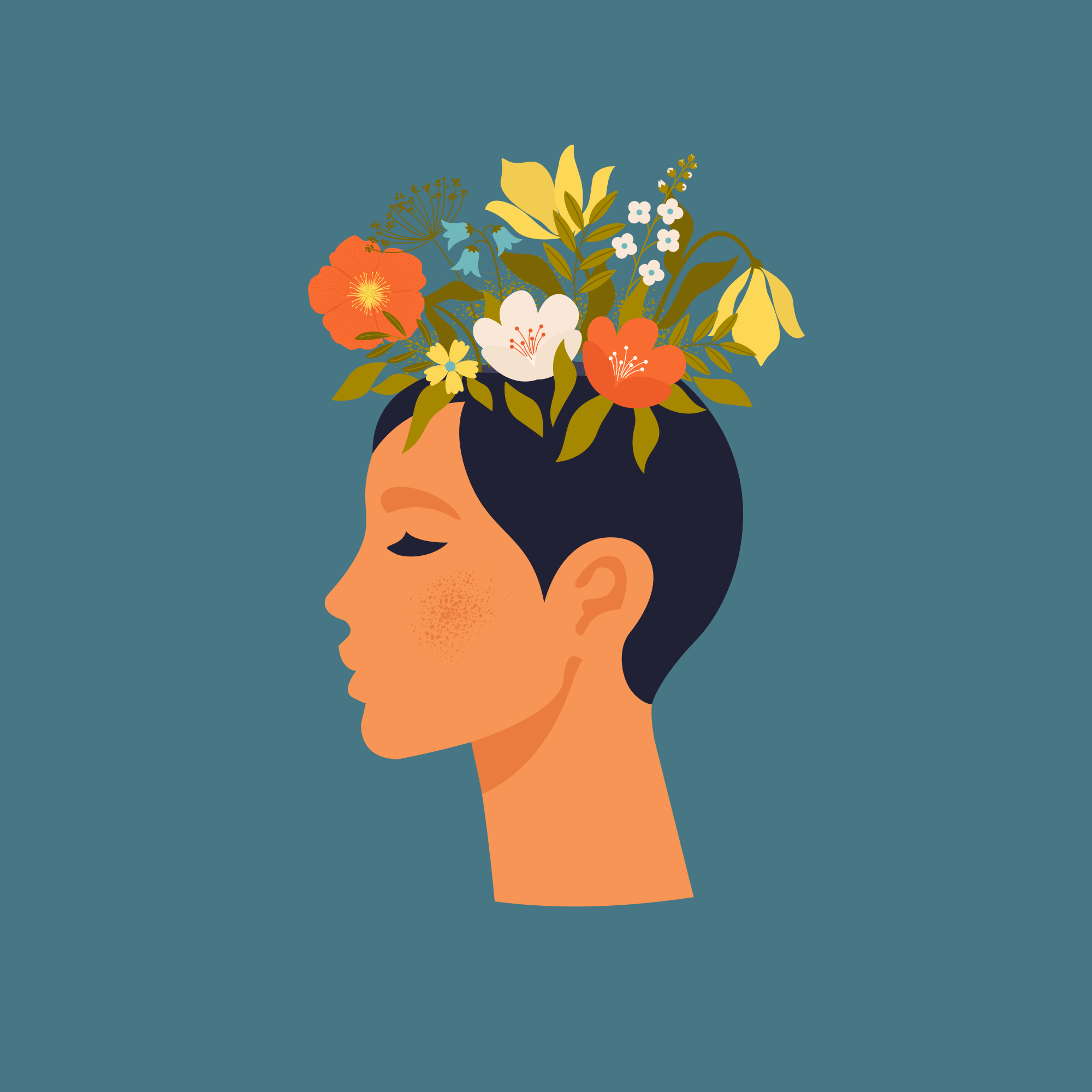 Poster flores mujer abstracta sobre fondo azul - TenVinilo