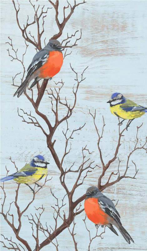 Poster vintage árboles azules con pájaros - TenVinilo