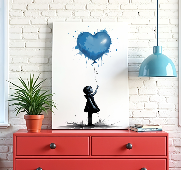 Cuadro artístico niña con globo de corazón azul - TenVinilo