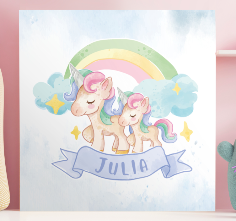 Cuadro personalizable Unicornios felices sobre un arcoiris - TenVinilo