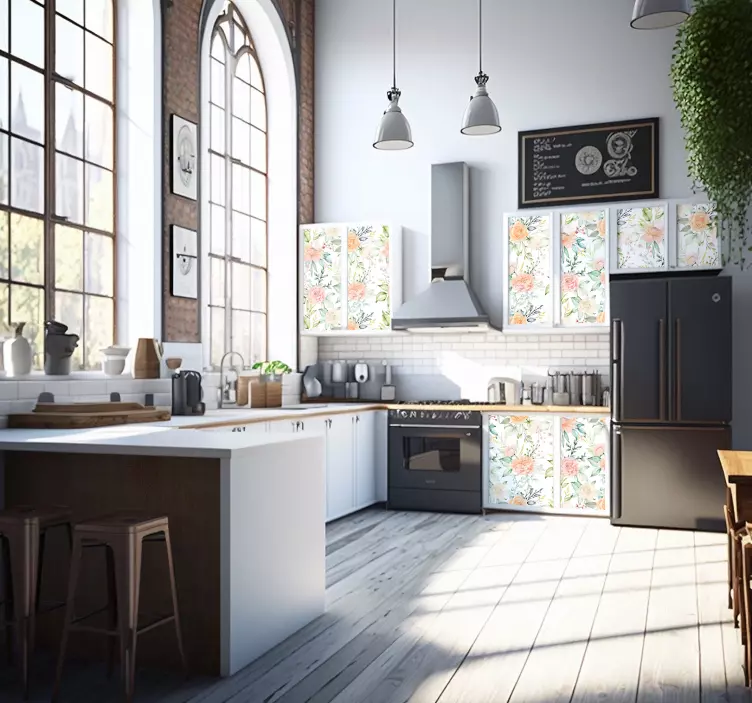 Vinilo para mueble cocina patrón rosas tonos pastel - TenVinilo