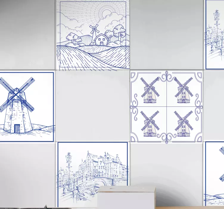 Azulejos adhesivos molinos paisaje holandés - TenVinilo