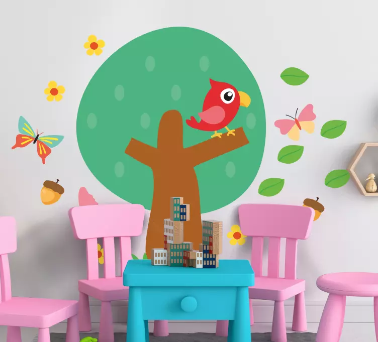 Vinilo habitación infantil árbol del bosque con pájaros y maripos - TenVinilo