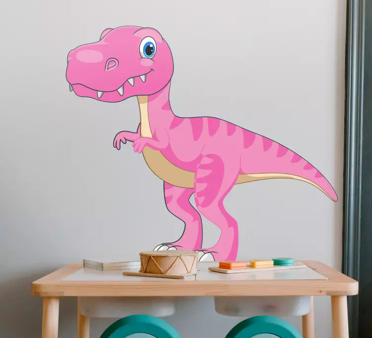 Vinilo habitación infantil Divertido dinosaurio rosa de pie sobre - TenVinilo