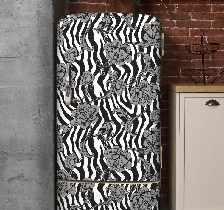 Vinilo para nevera Estampado de cebra y flores ornamentales - TenVinilo