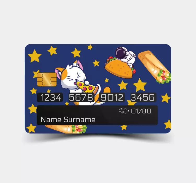Vinilo tarjeta de crédito Gato volando con pizza y burritos - TenVinilo