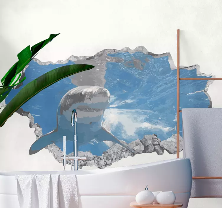 Vinilo pez Tiburon atravesando la pared - TenVinilo