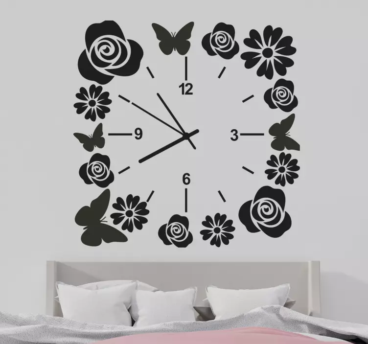 Reloj adhesivo pared de mariposas y flores - TenVinilo